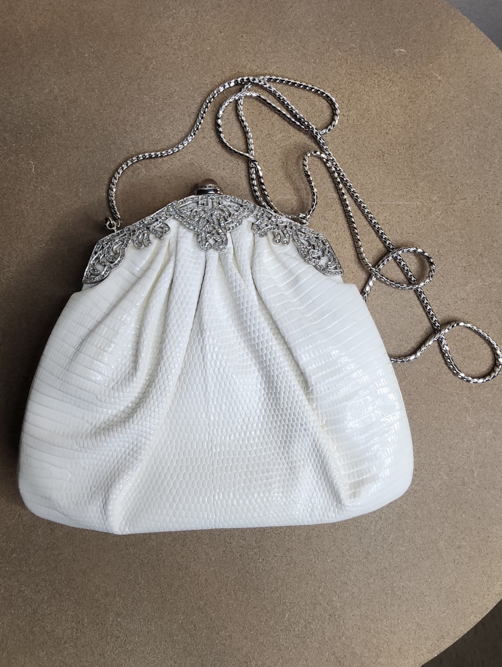 Judith Leiber White Lizard-Embossed Evening Clutch with Silver Trim